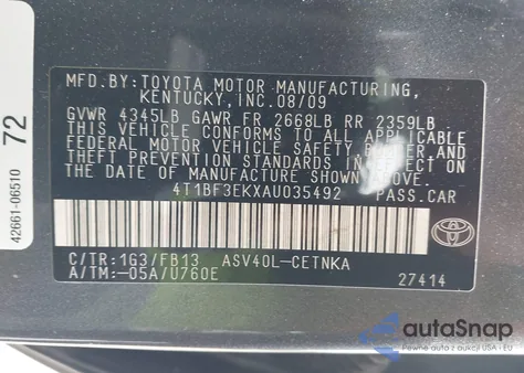 2010 Toyota Camry Le z USA, uszkodzony, nr VIN 4T1BF3EKXAU035492